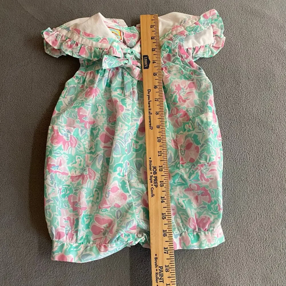 Vintage 80s 90s Lightning Bug Romper Playsuit‎ Kids 2T Floral Ruffle Bow Collar
